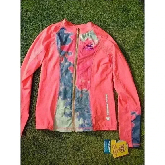 Banana Boat Fitted UPF 50+ girls Rash Guard Pink Blue Marbled Full Zip Neon SM - Picture 1 of 6